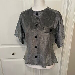 Christina VINTAGE Shimmering Lame Silver Button-Down Shirt High/Low bottom seam